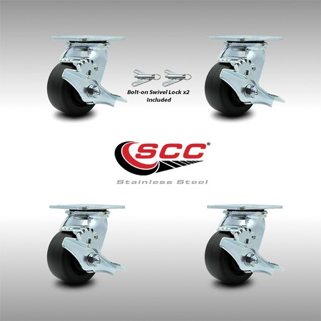 Service Caster 4 Inch SS Polyolefin Caster Set with Roller Bearings 4 Brake 2 Swivel Lock SCC SCC-SS30S420-POR-TLB-BSL-2-TLB-2